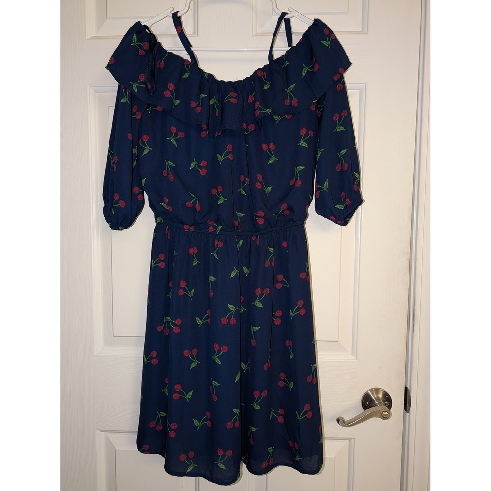 Charlotte Russe Navy Blue Cherry Print Cold Shoulder Ruffle Mini Dress Medium